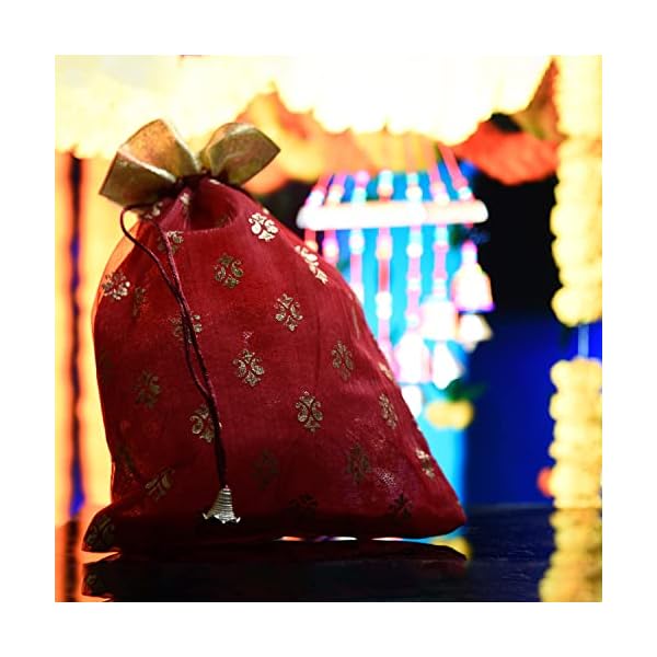 Kuber Industries Potli | Georgette Fabric with Golden Buti Print | Wallet Potli | Traditional Indian Drawstring Bags for Wedding | Shagun | 9 x 12 Inch | Pack of 2 | Maroon - Image 6