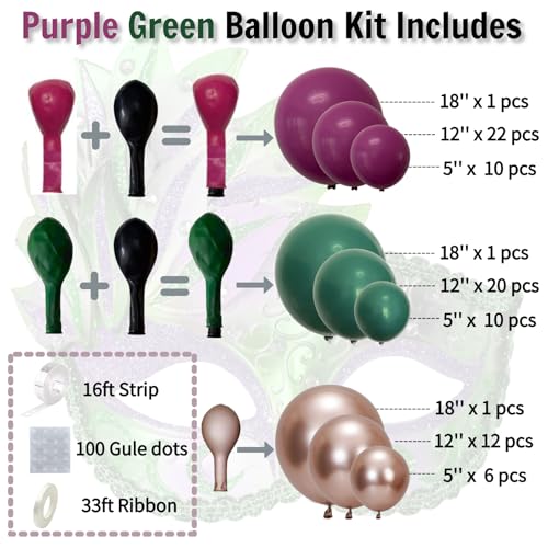 Purple Green and Champagne Gold Balloon Arch Kit – Double Stuffed Plum, Emerald, Hunter Green, and Metallic Champagne Balloons for Mardi Gras, Wedding, Birthday, Fall Party, Baby Shower