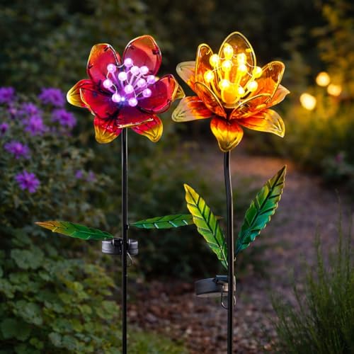 Garden Mile Solar Glass Flower Stake Lights Set of 2 – Outdoor Garden LED Lights, Decorative Purple & Orange Flower Lights for Borders, Pathways, Patio, Lawn & Garden Feature Lighting [Energy Class A]