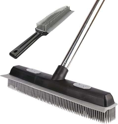 Rubber Broom with Silicone Squeegee, 146 cm Carpet Brush for Pet Hair, Fur Remover Tool with Detailing Lint Comb for Cleaning Rug, Tile, Hardwood Floor Grey-Black