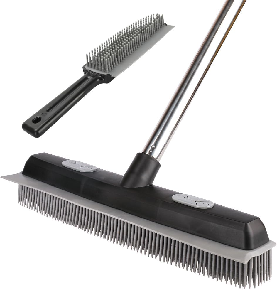 Rubber Broom with Silicone Squeegee 146 cm Carpet Brush for Pet Hair Fur Remover Tool with Detailing Lint Comb for Cleaning Rug Tile Hardwood Floor Grey-Black