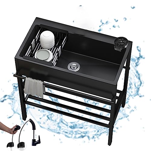 WAXFIX Black Laundry Room Sink,Commercial Kitchen Sink,Stainless Steel Stand Alone Sink,Set with Drain Basket & Hot and Cold Tap,Adjustable Leg Height,for Restaurant,Room. (Size : Stretched)