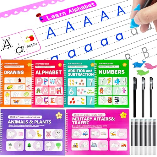 Tangdudu - Juego de 6 Cuadernos mágicos de escritura a mano, 20 recambios para bolígrafos, 3 bolígrafos y libro de actividades reutilizable para niños de 3 a 8 años, preescolar