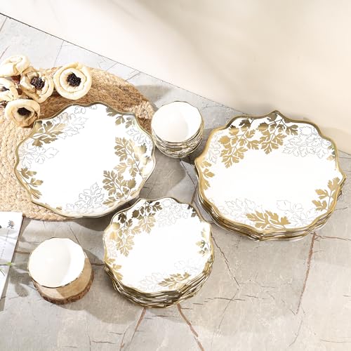 Image of Timeless Elegance Dinner Set, White & Gold, 18 Piece | Gold Plated, Porcelain Crockery with Scalloped Rim, For 6 People, 6 Dinner Plates, 6 Quarter Plates & 6 Veg Bowls, DSS01