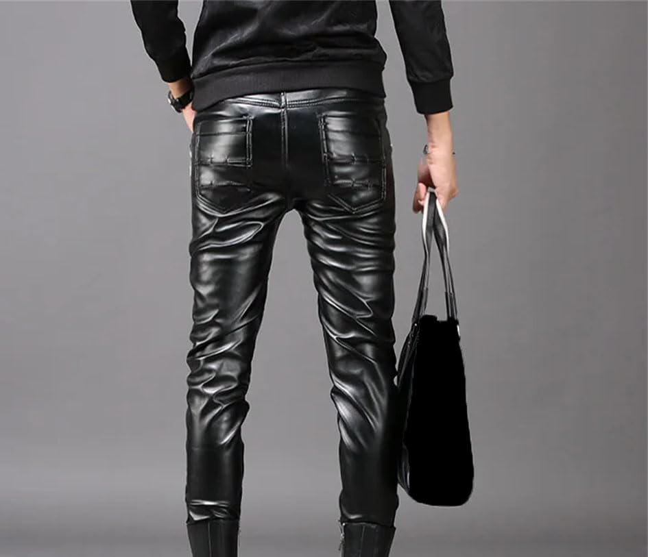 Men's PU Leather Slim Fit Pants Korean Style Pencil Fit Joggers Trousers3