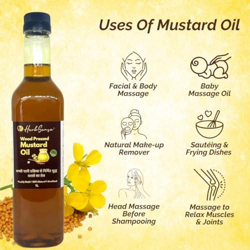 Image of Herbsense Wood Cold Pressed Mustard Oil,Sarso Ka tel- Unrefined & Unfiltered -Zero Added Preservatives & Chemicals,Kachi Ghani /Marachekku Oil,Pure Healthy Cooking Oil,Hair Oil, 1L Pack of 2