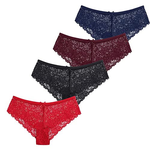 seryero Bragas Encaje Mujer Pack de 4 Braguitas Cintura Media Culotte Suave y Comodo Semi Transparente Ropa Interior Cover