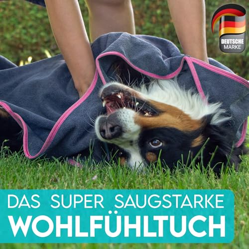 HUND IST KÖNIG Hundehandtuch extra saugfähig - Hunde Handtuch saugstark aus Mikrofaser mit 4 Eingriffen - Weiches XL Microfaser Handtuch für Hunde - Premium Hunde Trockentuch, schnell trocknend
