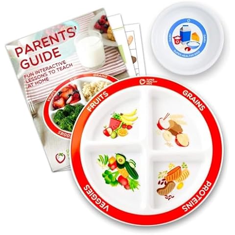 Health Beet MyPlate Portion Control Plate with Dairy Bowl & Parents Guide – 4 Divided Sections of Fruit Grains Veggies Proteins - Sectioned Plates for Health Education - (Set of 1 Each) Cover