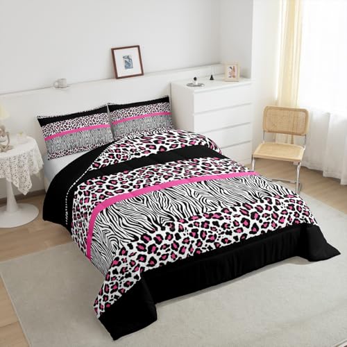 Image of Feelyou Pink Leopard Comforter Set Queen Size, Zebra Print Comforter for Kids Boys Girls Pink Black Bedding Set Safari Animal Duvet Insert Bed Set 3Pcs