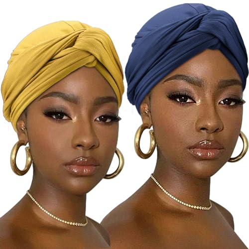 Image of DRESHOW African Turban for Women Knotted Hairwraps Headwraps Ribbed Turban Stretch Jersey Head Scarf Chemo Cancer Cap