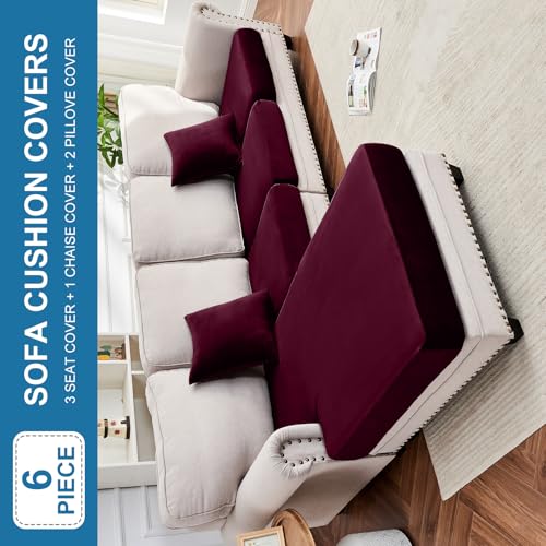 Image of Couch Cover 4-Piece Elastic Velvet Couch Cushion Covers & Chaise Slipcovers for L-Shaped Sofas, Sofa Seat Covers Washable, Soft Cover for Couches (3 Seater + Chaise, Wine)