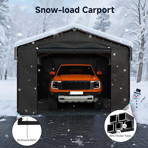 Image of Heavy Duty Metal Carport, 12x20FT Outdoor Carport Canopy with Galvanized Steel Roof and Reinforced Base,Removable Sidewalls & Door, Garage Shelter Shade for Cars,Trucks, Boats, Gray