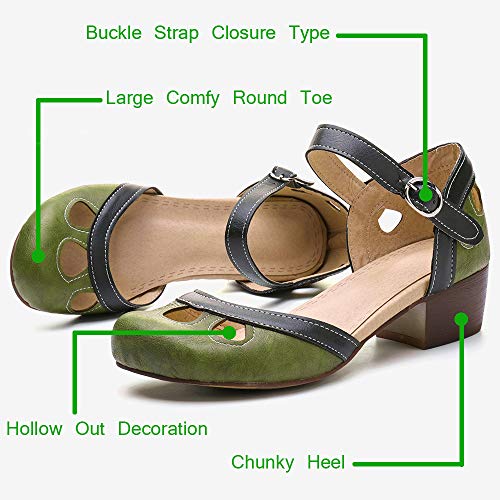 NUHEEL Women Leather Pumps Shoes Block Heel Mary Jane Pumps Vintage Round Toe with Ankle Strap Office Work Pumps Shoe Cute Low Kitten Heels Anti Slip Ballet Shoes Wedding Colorful Dress Sandals3