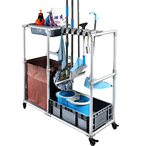 Janitorial cart Rolling Cleaning cart on Wheels for Cleaning Supplies Housekeeping Station Broom and mop Organizer