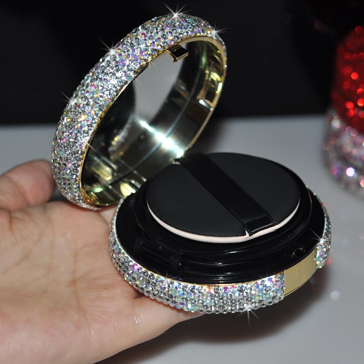 Bling Diamond Makeup Powder Empty Container, Cushion Foundation Case with Round Mirror, Air Cushion Puff Case, Foundation BB Cream Box -White