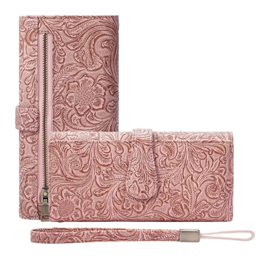 Image of Wristlet Wallet for Women Leather Clutch Purse Trifold Card Holder RFID Blocking Large Capacity Pink