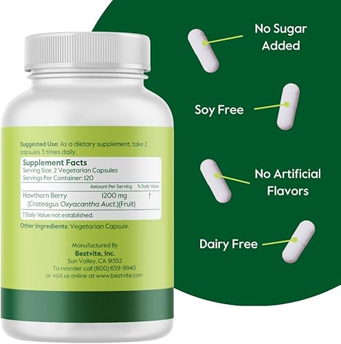 Miniatura 3 de Hawthorn Berry 600 mg por cápsula (240 cápsulas vegetarianas), sin estearatos, sin rellenos, vegano, sin OMG, sin gluten