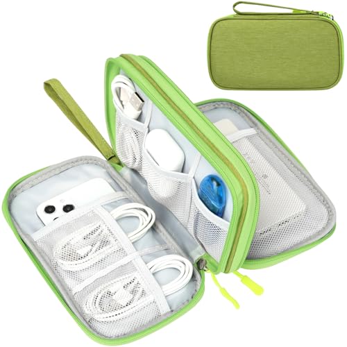 Image of FYY Electronic Organizer, Travel Cable Organizer Bag Pouch Electronic Accessories Carry Case Portable Waterproof Double Layers Storage Bag for Cable, Cord, Charger, Phone, Earphone, Medium Size Green