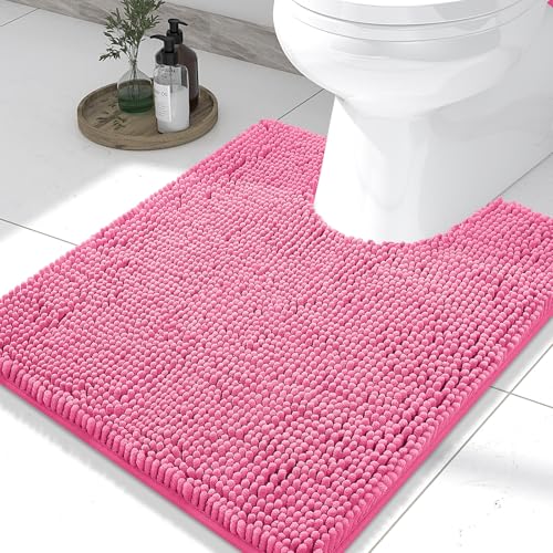 Smiry Luxury Chenille Toilet Rugs U-Shaped 24x20, Soft Absorbent Non-Slip Contour Bathroom Rugs for Toilet, Machine Washable Contoured Bath Mats, Hot Pink