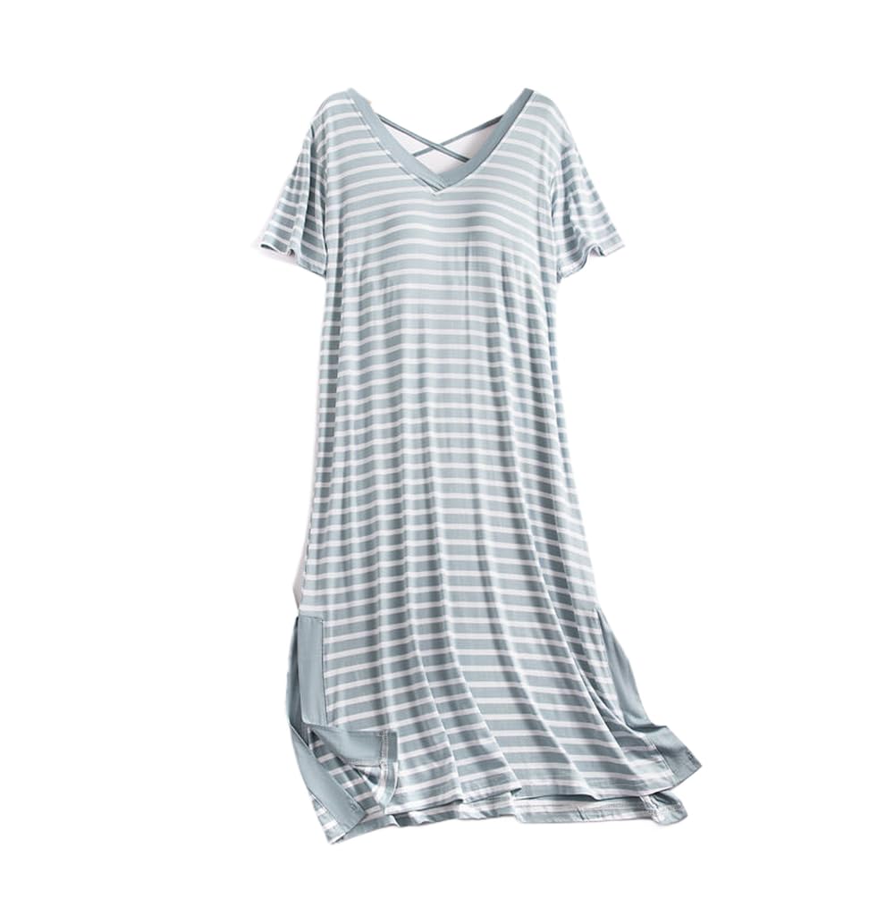 Camisón Para Mujer - Ropa De Dormir Holgada De Talla Grande Para Mujer, Vestido De Dormir A Rayas De Verano Para Mujer, Vestidos De Dormir Con Almohadilla En El Pecho De Manga Corta, Camisones De