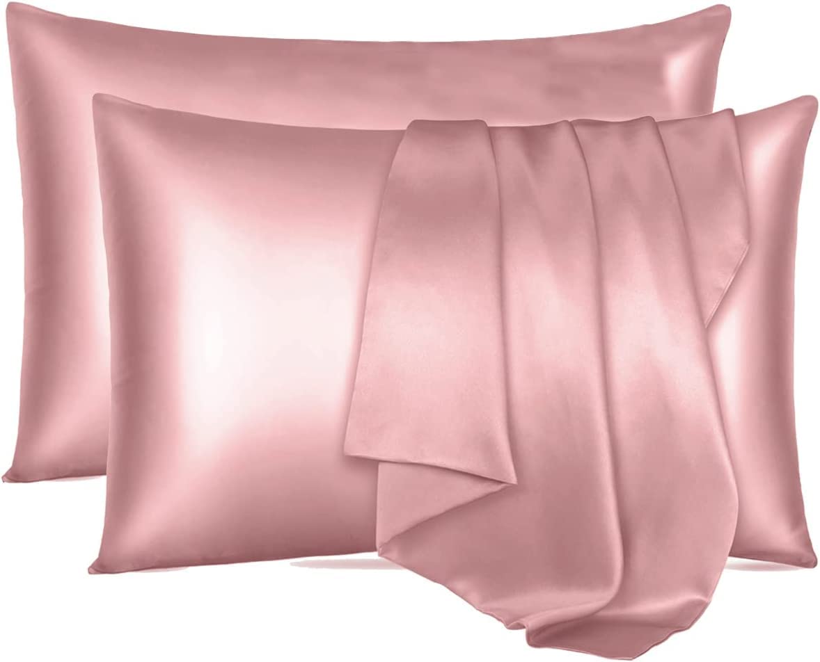 2 PCS Satin Pillowcases Silk Pillowcases, Soft Breathable & Smooth Pillow Cases for Skin Beauty Skin Care & Hair Pillow Covers with Zip Lock, Same like Mulberry Silk Double-Sided 50x75cm (Pink)