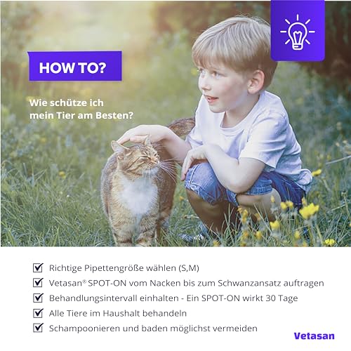 Vetasan Spot-ON für Katzen 1,5-4kg (S) | gegen Flöhe & Zecken | 3 Monate Schutz | ohne Chemie | Zeckenmittel für Katzen | Floh- und Zeckenschutz für Katze