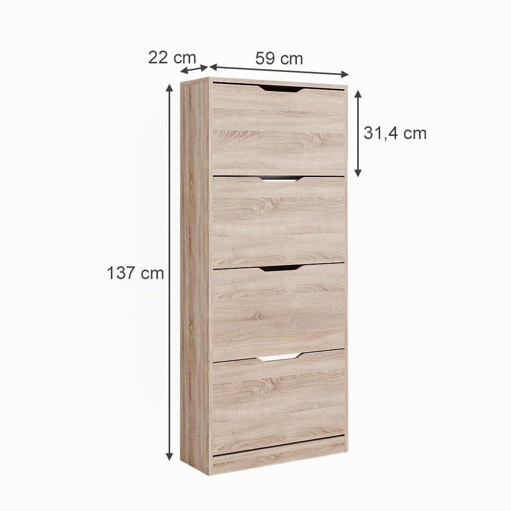 Vicco Meuble à chaussure Luca, Sonoma, 59x137cm avec 4 tiroirs rabattables
