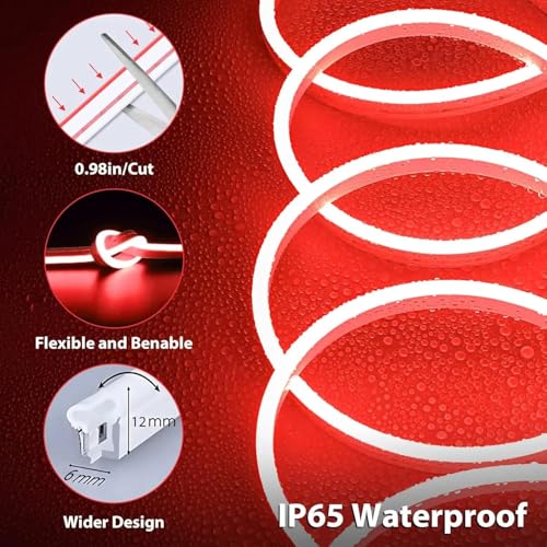 Image of 16.4 Feet LED Neon Strip Lights, with 12V Adapter, Waterproof IP65, Silicone Flexible Rope Light for Home Decor | Led Strip Lights | Neon Lights | DIY | (RED)