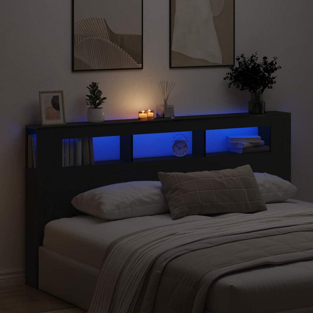 Testiera Letto 200 cm Testiera Letto Matrimoniale con LED Testiera con Scomparti Testiera LED in Legno-Rovere nero-200 x 103.5 cm