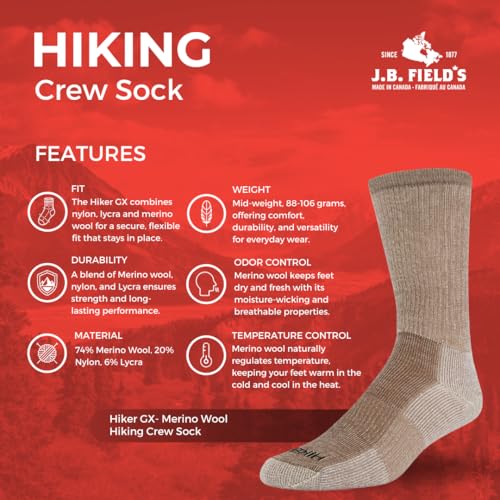 J.B. Field's Hiker GX 74% Merino Wool Hiking Crew Sock, All Season, Trekking & Outdoor Activity, 3 Pairs2