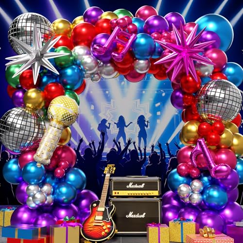 Image of Shiny Chrome Balloon Garland Arch Kit 160Pcs with Star Microphone Disco Musical Symbols Foil Balloons, Kpop Balloons Arch Kit for Birthday 80s 90s Theme Neon Galaxy grad Prom Party Decor