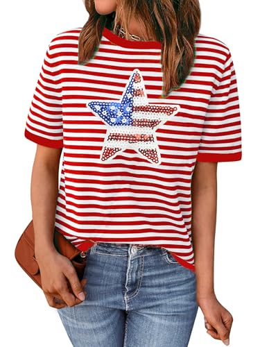 Image of Ithalt Women 4th of July Shirt Fourth of July Shirts USA Sequin Tshirt American Patriotic T-Shirt Stripes Tee Tops