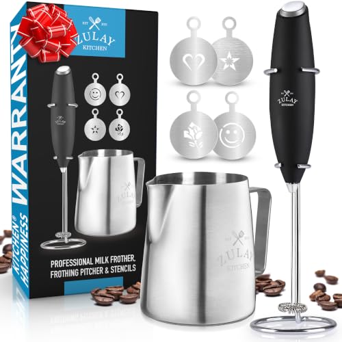Zulay Premium Gift Milk Frother Set – Handheld Coffee Frother with Stand, 12oz/350ml Frothing Pitcher + 4 Latte Art Stencils – 13,000 RPM Motor, SS Whisk, Battery Operated – Barista Kit (OG Black)