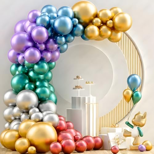 Image of Chrome Metallic Balloons Multicolour 100 pcs Glossy Latex Balloon for Birthday Decoration Kit Wedding, Anniversary Floral Garland 10 Inch Helium Supported