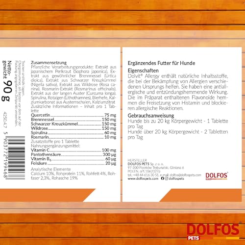 Dolvit Allergy 90 Tabletten, Allergie Tabletten für Hunde gegen Juckreiz & Dermatitis, Natürliches Ergänzungsfutter Hund zur Fellpflege, Hautgesundheit & Unterstützung bei Allergie Hund