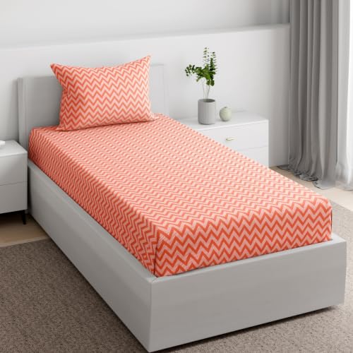 Image of Wakefit 100% Cotton 160 TC Fitted Bedsheet with 1 Pillow Cover | Makena Single, 72 inch x 36 inch, Makena | 1.83m x 91cm
