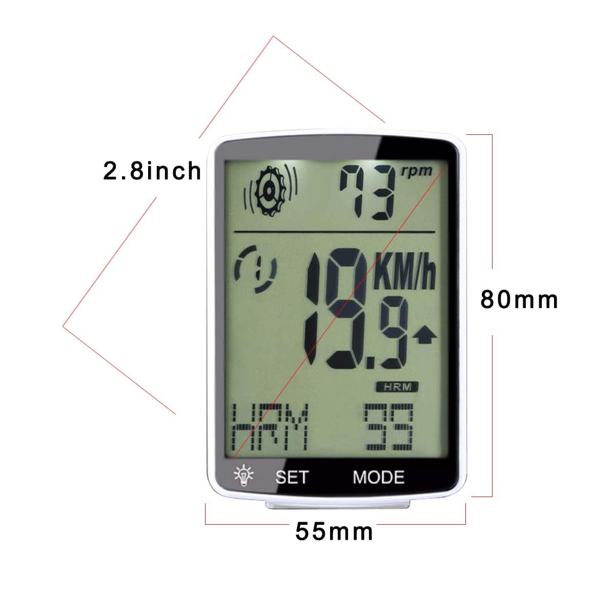 Compteur Velo sans Fil， Cardiofréquencemètre avec Compteur Velo et pédalier 3 - en - 1, 2,8 "LCD Clignotant vélo, boîtier Blanc avec rétroéclairage Blanc