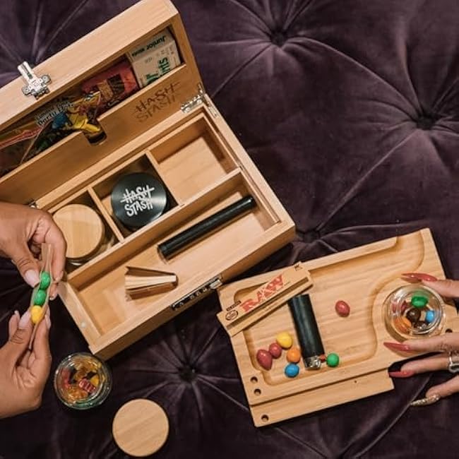 The OG Storage Box - Large Bamboo Box with Combination Lock, Magnetic Lid, Organizer Tray, Airtight Tube and 3 Smell-Proof Jars - Discreet Decorative Locking Wooden Box with Accessories (Wood/Silver)