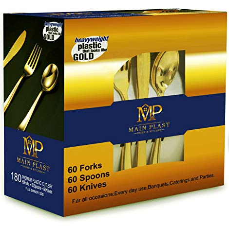 MAINPLAST Gold Disposable Cutlery Set -180 Pieces - Knives, Spoons, and Forks - Heavy Duty Plastic Eating Utensils For Parties, Restaurants Or Home Use, Full Dinner Size of Gold Plastic Tableware 2019