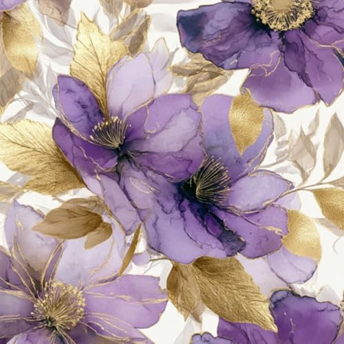 壁紙 60cm x 300cm 剥がせる 金色のアクセントと柔らかな葉をあしらった紫の花の水彩デザイン 多機能 防水/汚れ防止/防油 食器棚 クロ 玄関 ふすま紙 家具 部屋 DIY 賃貸OK