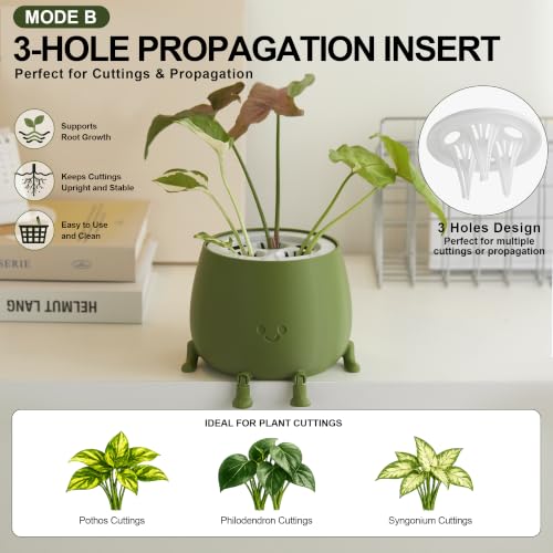 Image of 5.2 Inch Hydroponic Happy Face Planter with 3 Interchangeable Grow Baskets, Water Culture Pot for Pothos, Lucky Bamboo & Plant Propagation, Decorative Desktop Planter for Home & Office, Dark Green