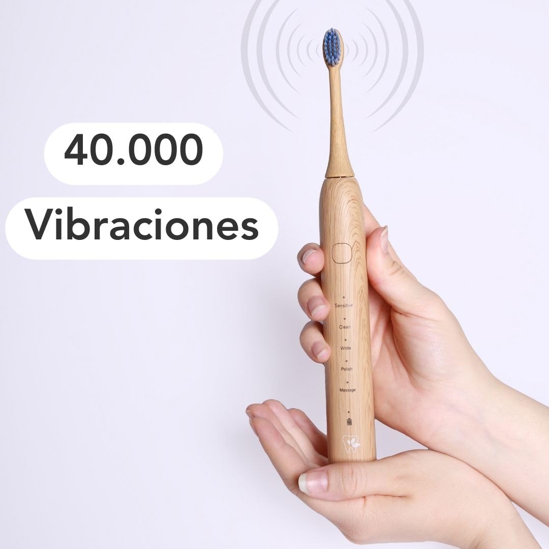 Cepillo de dientes sónico LULA: eficaz eliminación de placa y limpieza suave. Incluye 2 cabezales de cambio de bambú sostenibles, carga rápida con USB-C para hasta 8 semanas de duración de la batería.