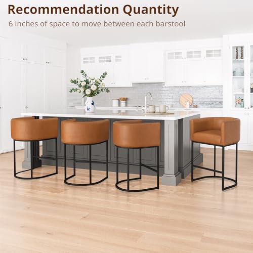 Image of LUE BONA 27 inch H Counter Height Bar Stools, Modern Barrel Counter Stools with Backrest and Arms, Black Metal Frames, Faux Leather Upholstered Accent Barstools for Kitchen Island, Yellowish Brown