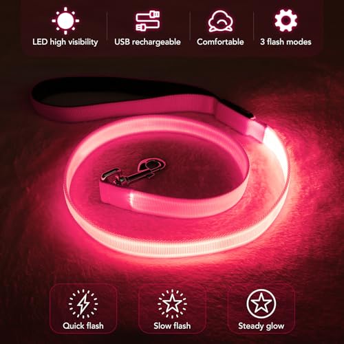 LED Hundeleine, Bpawser Light Up Hundeleine Micro USB wiederaufladbar, Nylon Gurtband leuchtende Sicherheit Standard Hundeleinen für Hunde 120 cm 4 Fuß (Rosa)