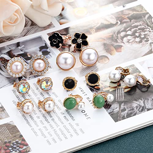 NEWITIN 12 Pairs Clip On Earrings for Women Cute Earring Crystal Pearl Stud Charming Fashion Earring Non Piercing Clip on Stud Earrings for Women4