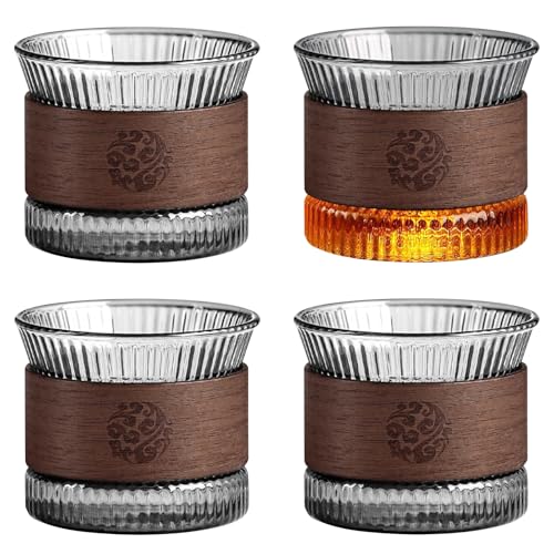 GOEDCH Ensemble de Tasses à Expresso: 4 Tasses à Café en Verre de 180 ml, Transparente avec Anneau en Bois Massif, Cappuccino en Verre pour Les Amateurs de...