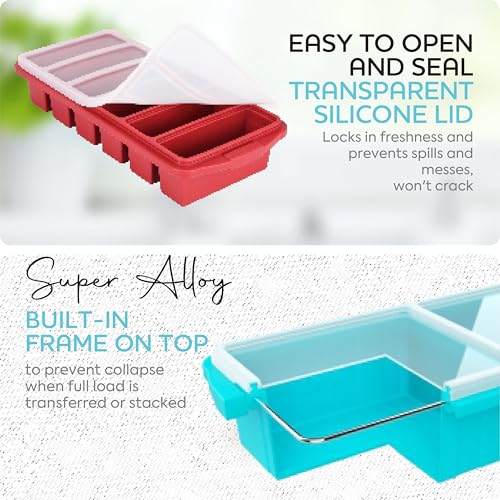 Image of Silicone Freezer Tray With Lid-Soup Freezer Container molds-Large Ice Cube Tray Set Makes 2-Cup & 1 /2-Cup portions cubes Perfect for preparing meals in different portion sizes Oven & Dishwasher -Safe