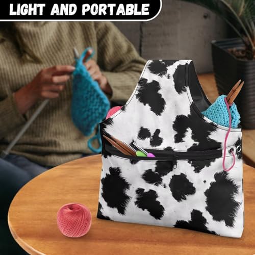 Image of KUIFORTI Cow Print Crochet Bag Large Yarn Storage Tote Bag Knitting Bag and Totes Organizer Yarn Holder for Crocheting on the Go