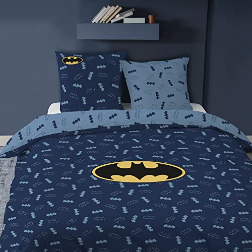 Batman Iconic Parure de Lit Garçon 140x200 cm | 100% Coton | Oeko-TEX | Housse de Couette Enfant 1 Personne 140x200 cm + 1 Taie d'oreiller 63x63 cm Imprimées Réversibles | Bleu Nuit